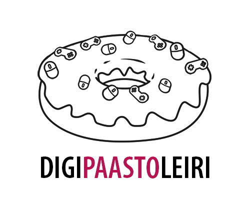 Digipaastoleirin logo: Piirretty donitsi jonka päällä on pieniä ohjaimia ja tietokonehiiriä
